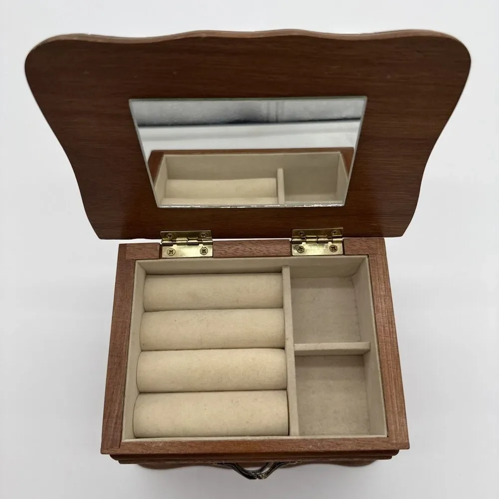 Vintage Wooden Mini Jewelry Box Drawer Flip Top Storage Felt Lined